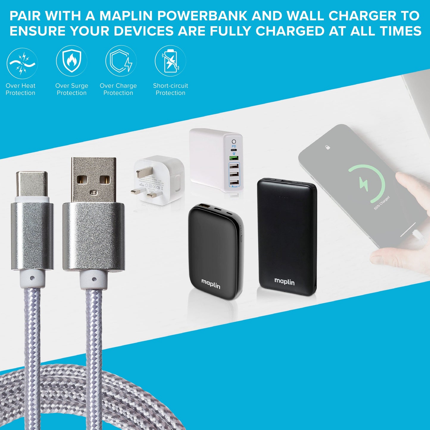 Maplin USB-C to USB-A Braided Cable - Silver, 3m