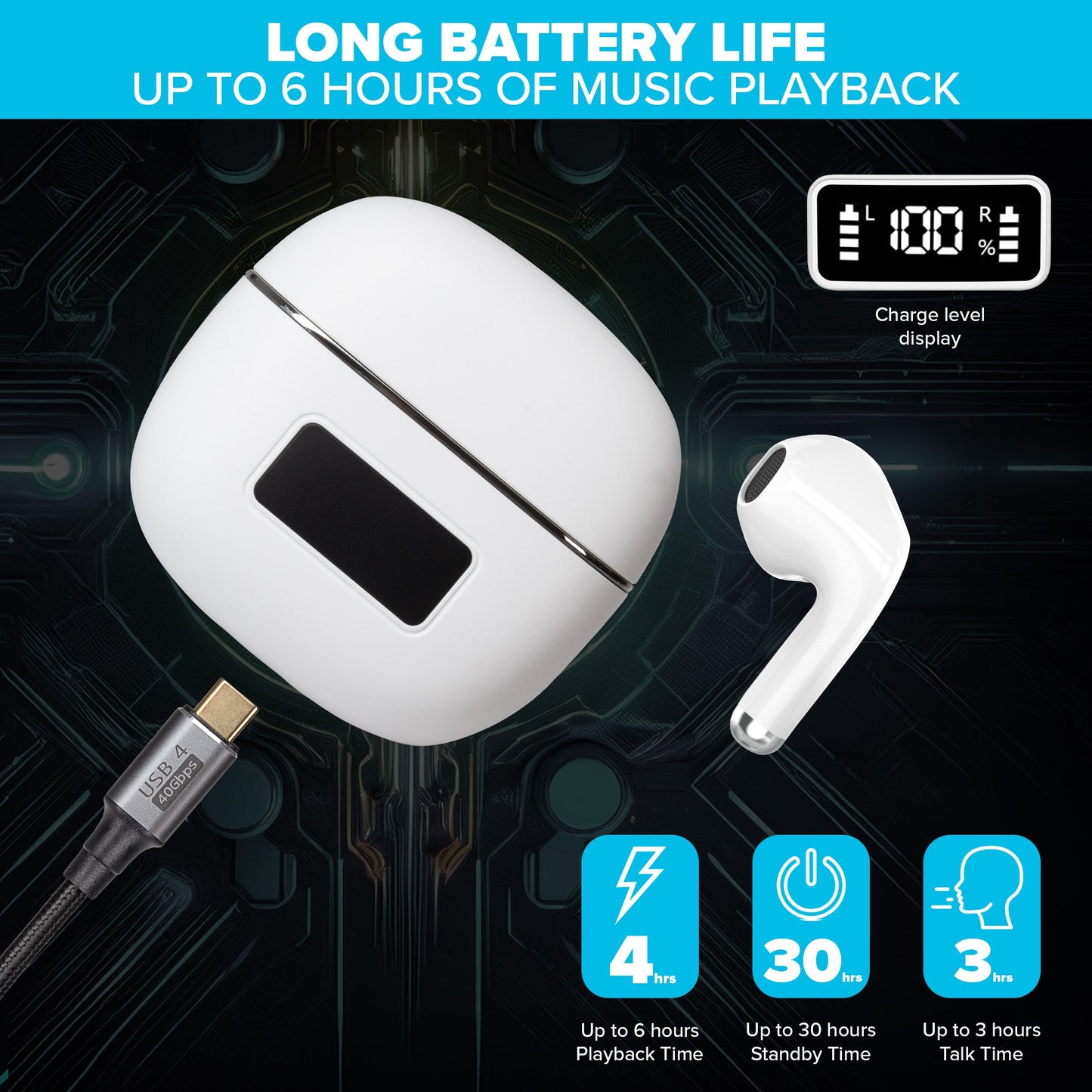 Maplin Wireless Bluetooth Classic Fit Earphones with USB-C Charging Case – White