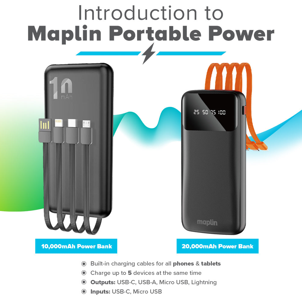 Maplin 20000mAh Portable Power Bank with Integrated USB-C, Micro USB & Lightning Cables