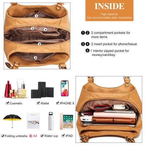 Miss Lulu Multi Compartment Shoulder Bag - Brown