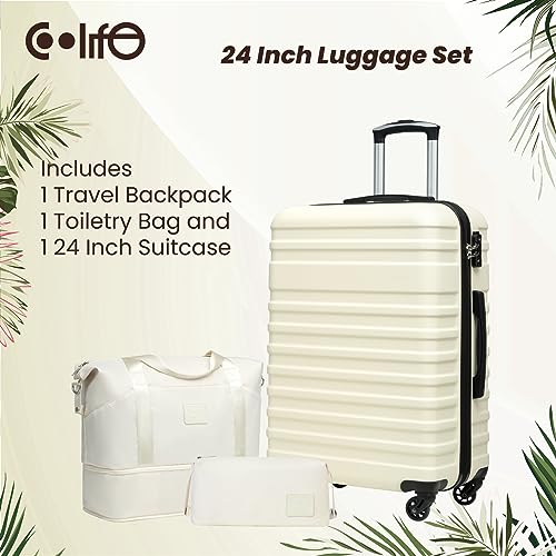 COOLIFE Suitcase Trolley Carry On Hand Cabin Luggage Hard Shell Travel Bag Lightweight with TSA Lock,The Suitcase Included 1pcs Travel Bag and 1pcs Toiletry Bag (White, 24 Inch Luggage Set)