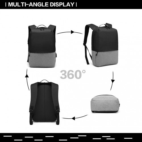 Kono Waterproof Basic Backpack With USB Charging Port - Black/Grey