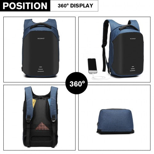 Kono Reflective USB Charging Interface Backpack - Navy