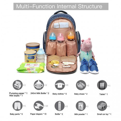 Kono Large Capacity Multi Function Baby Diaper Backpack Polka Dot Navy