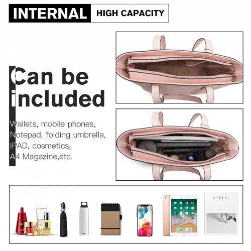 Miss Lulu 3 Piece Leather Look Tote Bag Set - Pink And Beige