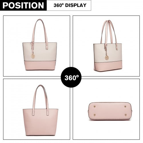Miss Lulu 3 Piece Leather Look Tote Bag Set - Pink And Beige