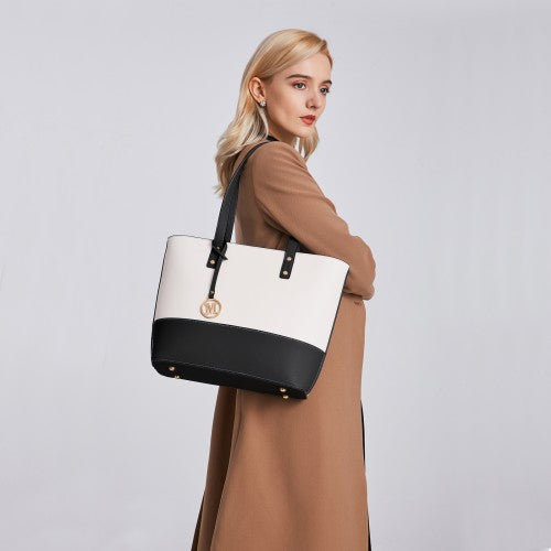Miss Lulu 3 Piece Leather Look Tote Bag Set - Black And Beige