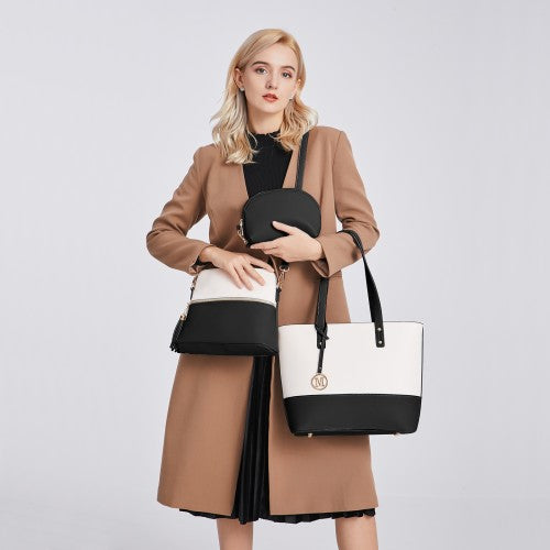 Miss Lulu 3 Piece Leather Look Tote Bag Set - Black And Beige