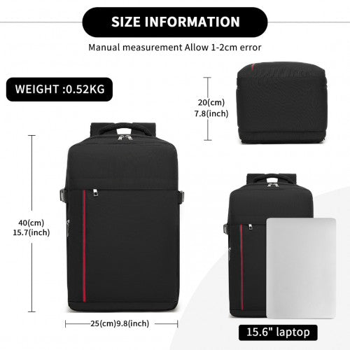 Kono 20L Cabin Backpack with Red Trim for 15.6” Laptop – Water-Resistant Travel Daypack with Luggage Strap