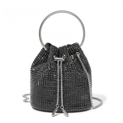 Women's Rhinestone Evening Bag – Sparkly Handbag with Metal Ring Handle and Chain Crossbody Strap - Black