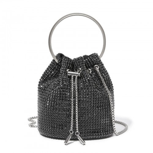 Women's Rhinestone Evening Bag – Sparkly Handbag with Metal Ring Handle and Chain Crossbody Strap - Black
