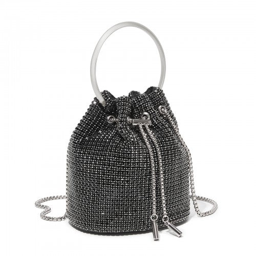 Women's Rhinestone Evening Bag – Sparkly Handbag with Metal Ring Handle and Chain Crossbody Strap - Black