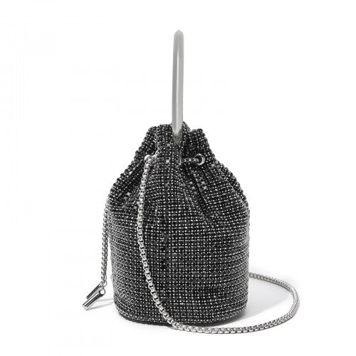 Women's Rhinestone Evening Bag – Sparkly Handbag with Metal Ring Handle and Chain Crossbody Strap - Black