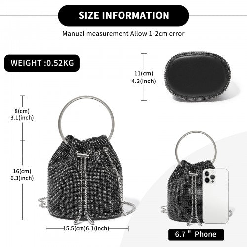 Women's Rhinestone Evening Bag – Sparkly Handbag with Metal Ring Handle and Chain Crossbody Strap - Black