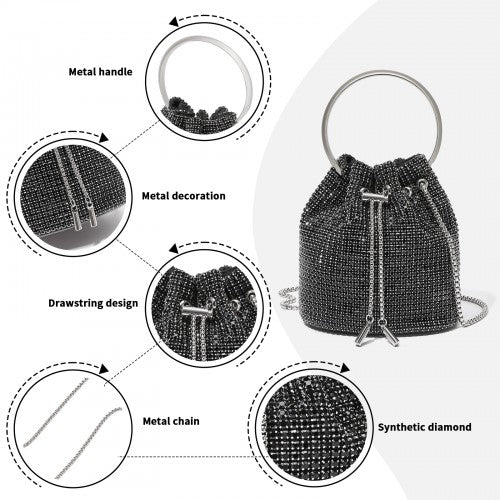 Women's Rhinestone Evening Bag – Sparkly Handbag with Metal Ring Handle and Chain Crossbody Strap - Black