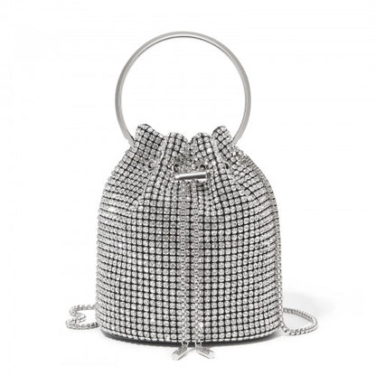 Women's Rhinestone Evening Bag – Sparkly Handbag with Metal Ring Handle and Chain Crossbody Strap - Silver