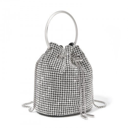 Women's Rhinestone Evening Bag – Sparkly Handbag with Metal Ring Handle and Chain Crossbody Strap - Silver