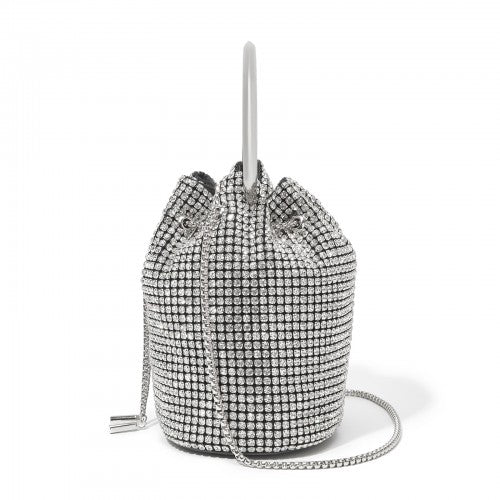 Women's Rhinestone Evening Bag – Sparkly Handbag with Metal Ring Handle and Chain Crossbody Strap - Silver