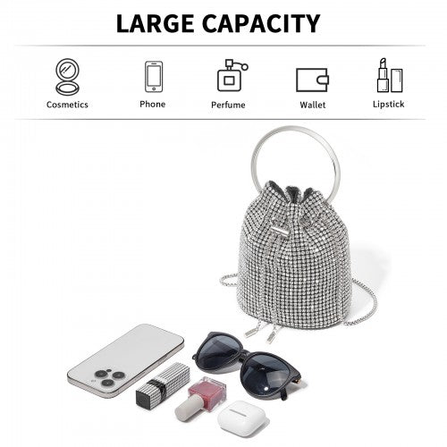 Women's Rhinestone Evening Bag – Sparkly Handbag with Metal Ring Handle and Chain Crossbody Strap - Silver