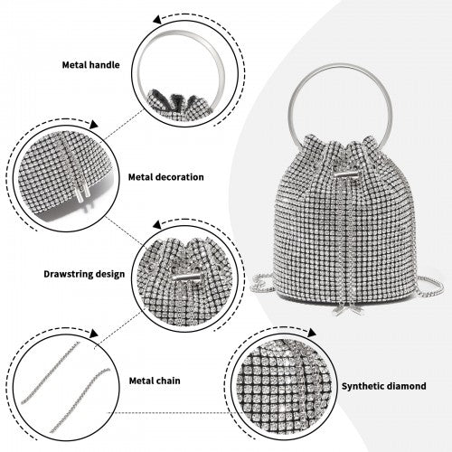 Women's Rhinestone Evening Bag – Sparkly Handbag with Metal Ring Handle and Chain Crossbody Strap - Silver