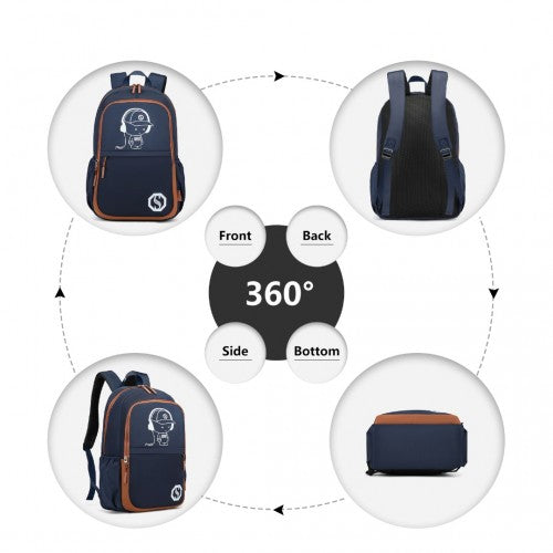 Kono Lightweight & Glow-In-The-Dark 3-Piece Laptop Backpack Set With Crossbody Bag And Pencil Case - Navy And Brown