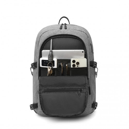 Kono Multi-Compartment Water-Resistant Backpack With USB Charging Port - Grey