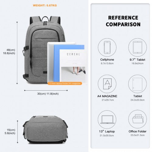 Kono Multi-Compartment Water-Resistant Backpack With USB Charging Port - Grey