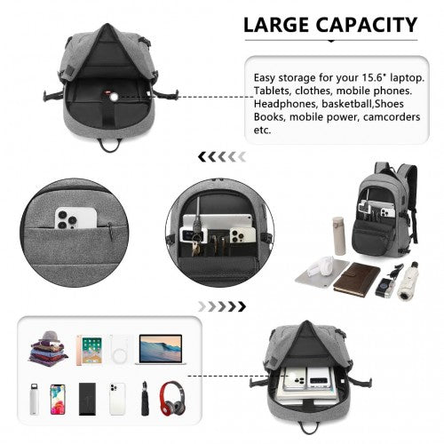 Kono Multi-Compartment Water-Resistant Backpack With USB Charging Port - Grey