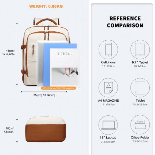 Kono Premium Carry-On Travel Backpack with Suitcase-Style Opening Multi-Level High-Capacity Cabin Bag - Beige/Brown