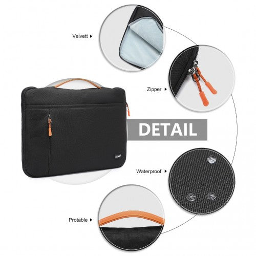 Kono Streamline Water-Resistant Medium Laptop Sleeve With Velvety Interior - Black