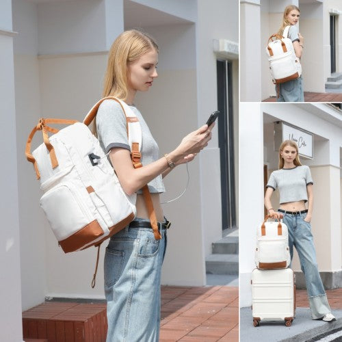 Kono Multi-Compartment Laptop Backpack with Type-C USB Charging Port and Small Pouch for Daily Commute and Travel - Cream/Brown