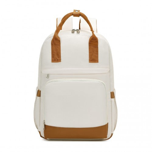 Kono Multi-Compartment Laptop Backpack with Type-C USB Charging Port and Small Pouch for Daily Commute and Travel - Cream/Brown