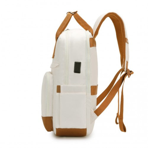 Kono Multi-Compartment Laptop Backpack with Type-C USB Charging Port and Small Pouch for Daily Commute and Travel - Cream/Brown