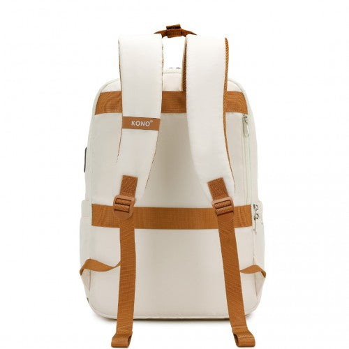 Kono Multi-Compartment Laptop Backpack with Type-C USB Charging Port and Small Pouch for Daily Commute and Travel - Cream/Brown