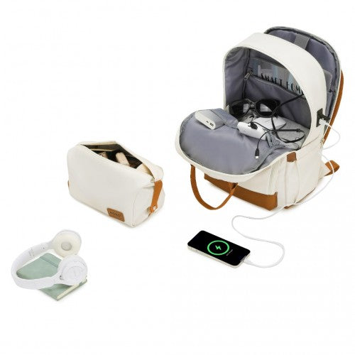 Kono Multi-Compartment Laptop Backpack with Type-C USB Charging Port and Small Pouch for Daily Commute and Travel - Cream/Brown