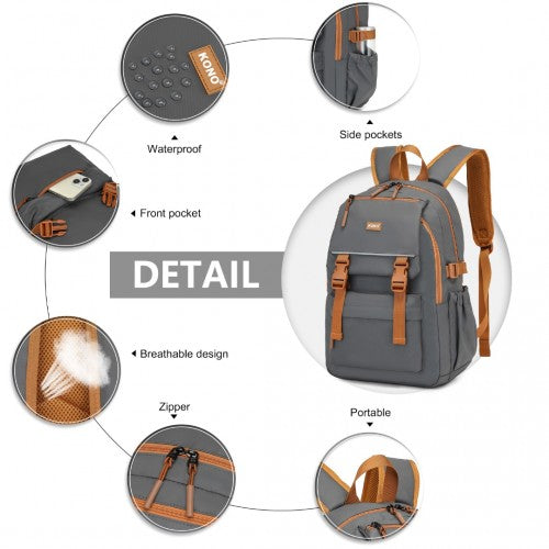 Kono PVC Coated Urban Water-Resistant Backpack with Reflective Safety Straps and Multi-Compartment Design - Grey/Brown