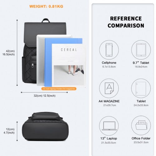 Kono Water-Resistant Urban Geometric Backpack with Laptop Compartment - Black