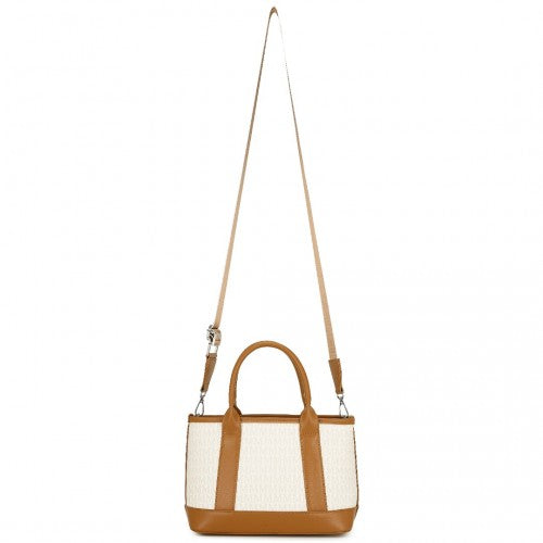 Miss Lulu Elegant PVC Leather Tote Bag with Monogram Pattern Convertible Shoulder Strap Top Handle Women's Handbag - Beige