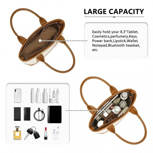 Miss Lulu Elegant PVC Leather Tote Bag with Monogram Pattern Convertible Shoulder Strap Top Handle Women's Handbag - Beige