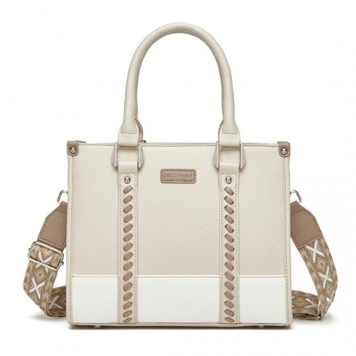 Miss Lulu PU Leather Graceful Spacious Tote Bag with Woven Trim and Detachable Ethnic Strap