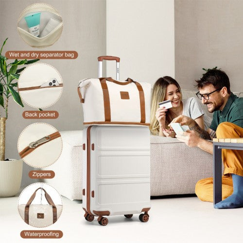 Kono 6 Piece ABS Suitcase Set With 4 Wheel design including Vanity Case Weekend Bag and Toiletry Bag – Cream