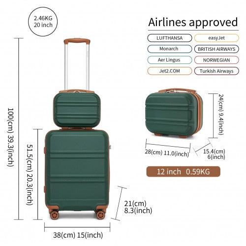 Kono ABS 4 Wheel Suitcase Set With Vanity Case - Green / Brown