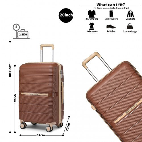 British Traveller 3 Pcs Multi-Texture Polypropylene Hard Shell Suitcase With TSA Lock - Brown/Apricot