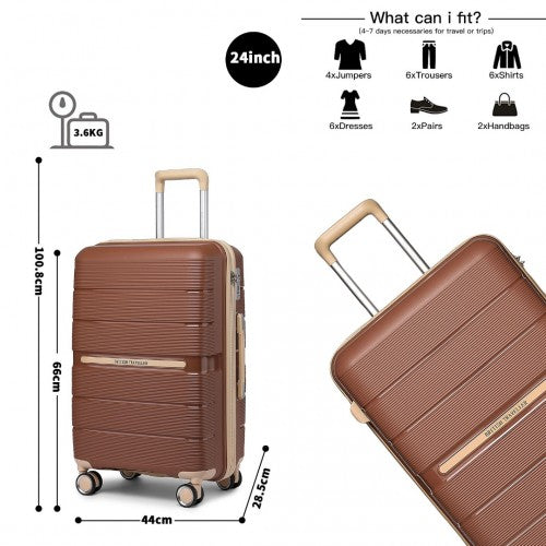 British Traveller 3 Pcs Multi-Texture Polypropylene Hard Shell Suitcase With TSA Lock - Brown/Apricot