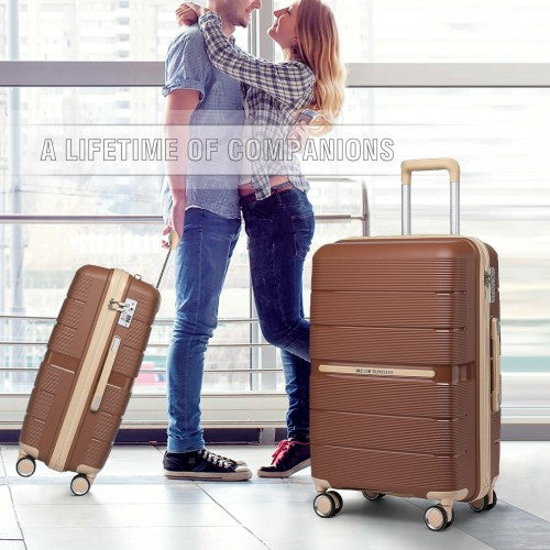 British Traveller 28 Inch Multi-Texture Polypropylene Hard Shell Suitcase With TSA Lock - Brown / Apricot