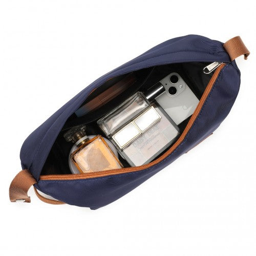 British Traveller 5 Piece Polypropylene Hard Shell Suitcase Set With Tote Bag and Cosmetic Pouch - Navy/Brown