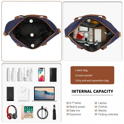 British Traveller 5 Piece Polypropylene Hard Shell Suitcase Set With Tote Bag and Cosmetic Pouch - Navy/Brown