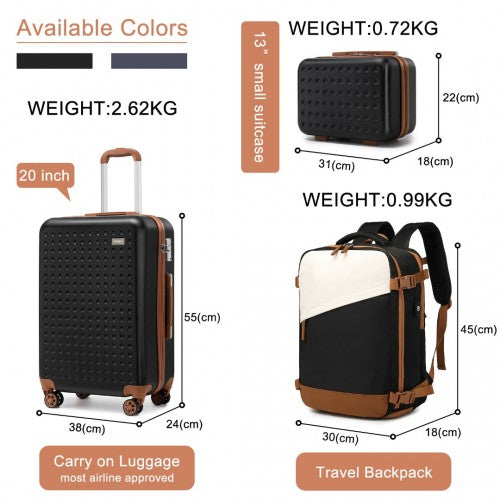 Kono Hard Shell Abs Carry-Ons Cabin Suitcase Included Vanity Case And Backpack 3 Piece Travel Set - Black