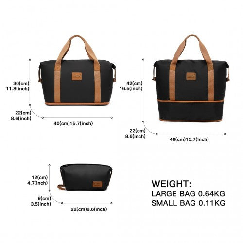 Kono 6 Piece ABS Travel Set with Hard Shell Suitcase Vanity Case Weekend Bag and Toiletry Bag - Black/Brown