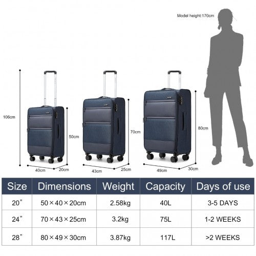 British Traveller 3-Piece Lightweight Soft Shell Luggage Set With TSA Locks - Navy